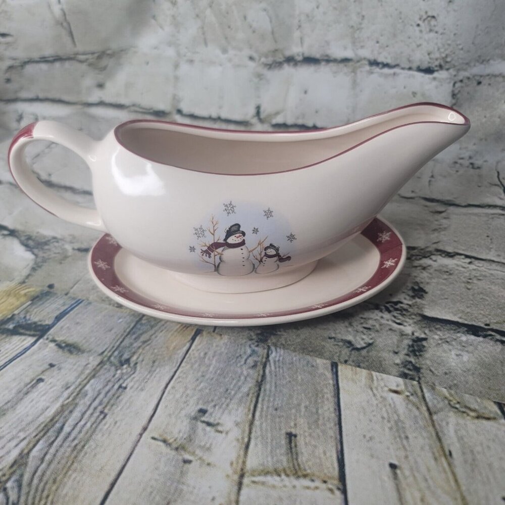 Royal Seasons Holiday Christmas Snowmen Stoneware Gravy Boat w Saucer